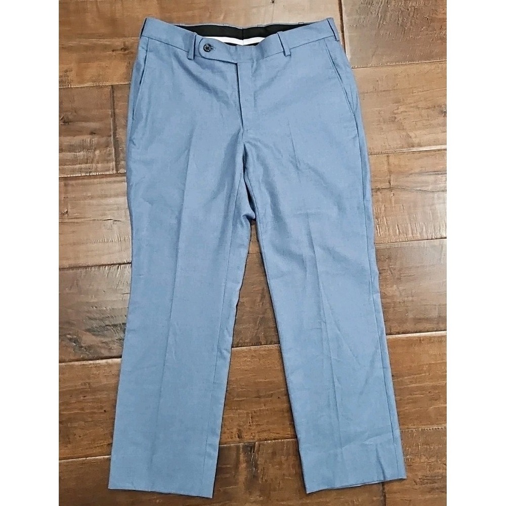 Tom James Mens Dress Pants 34×28 Lt‎ Blue Flat Straight Wool Slacks Trousers USA